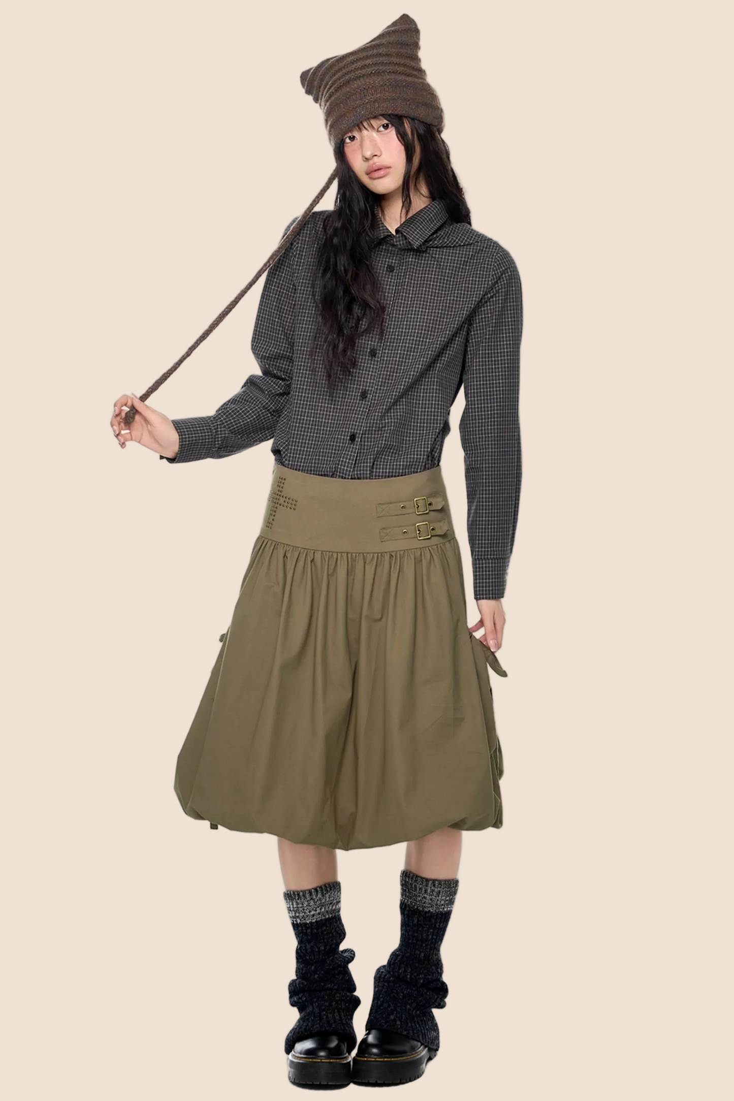 Kariertes Retro-Blusenset mit schmaler Passform und Falten