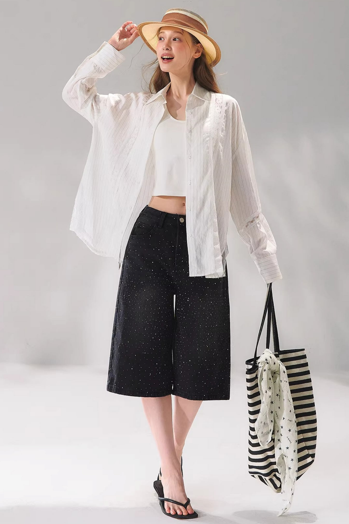 Rhinestone Denim Cropped Pants