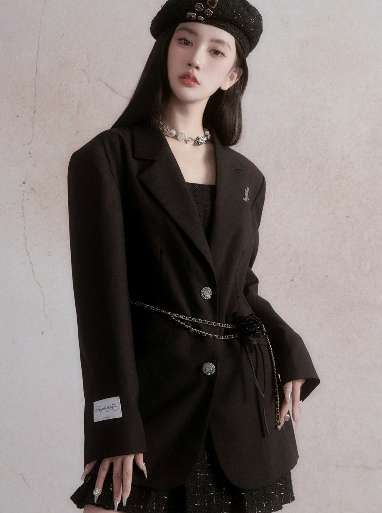 Casual Waist Black Jacket Set