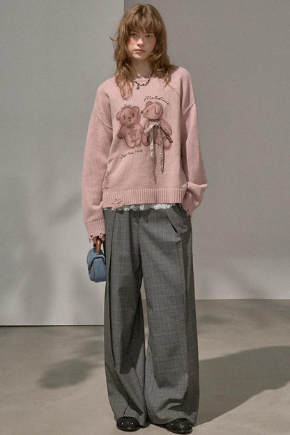 Kiss Bear Print Long Sleeve Sweater