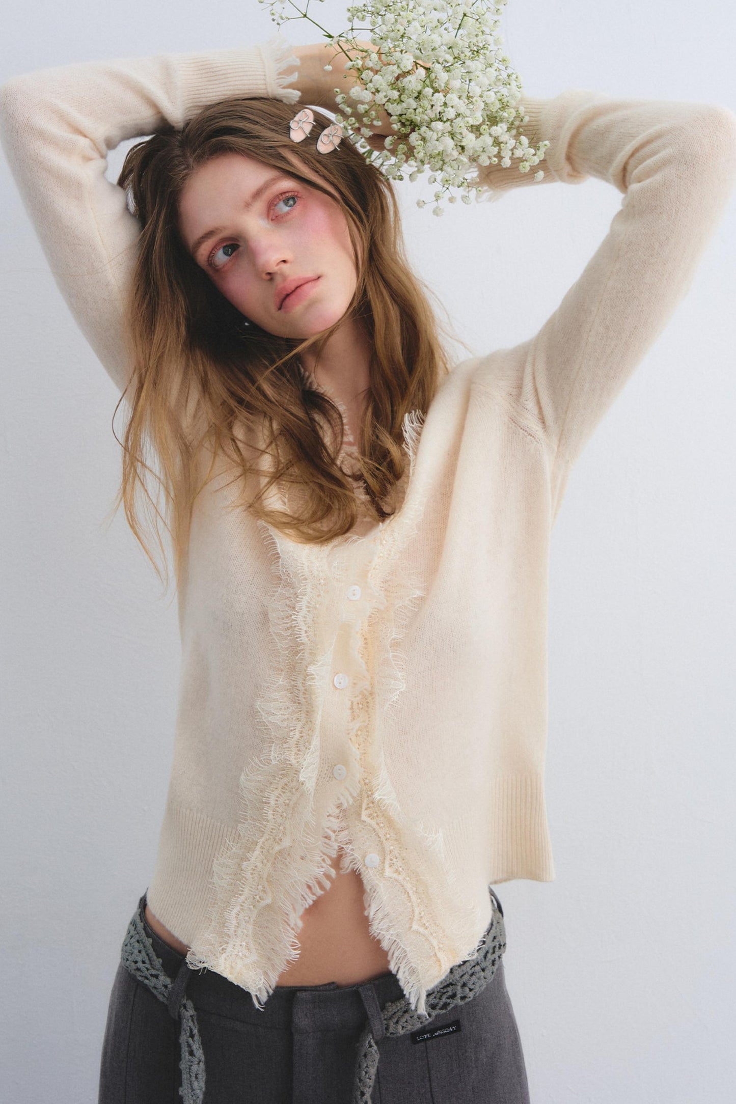 Wool Lace V-Neck Knit Top