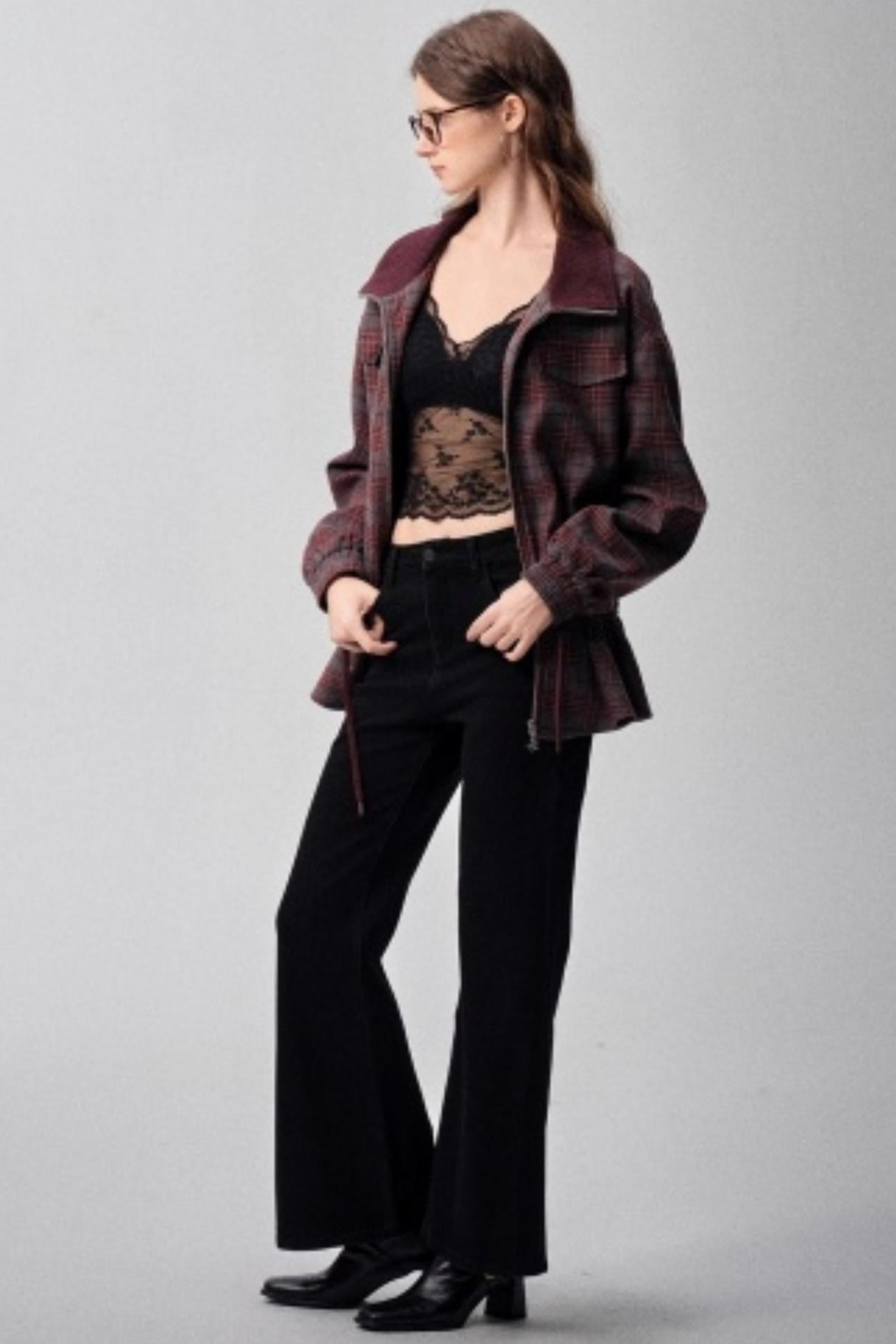 Red Plaid Autumn Waist Jacket