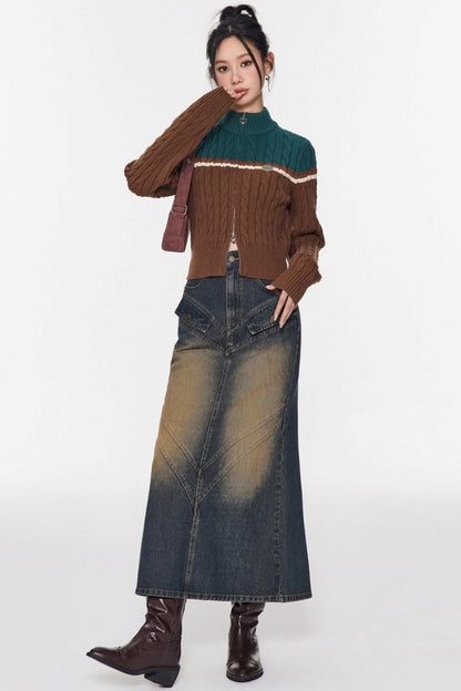 Color-Blocking Stand-Up Collar Knitted Cardigan