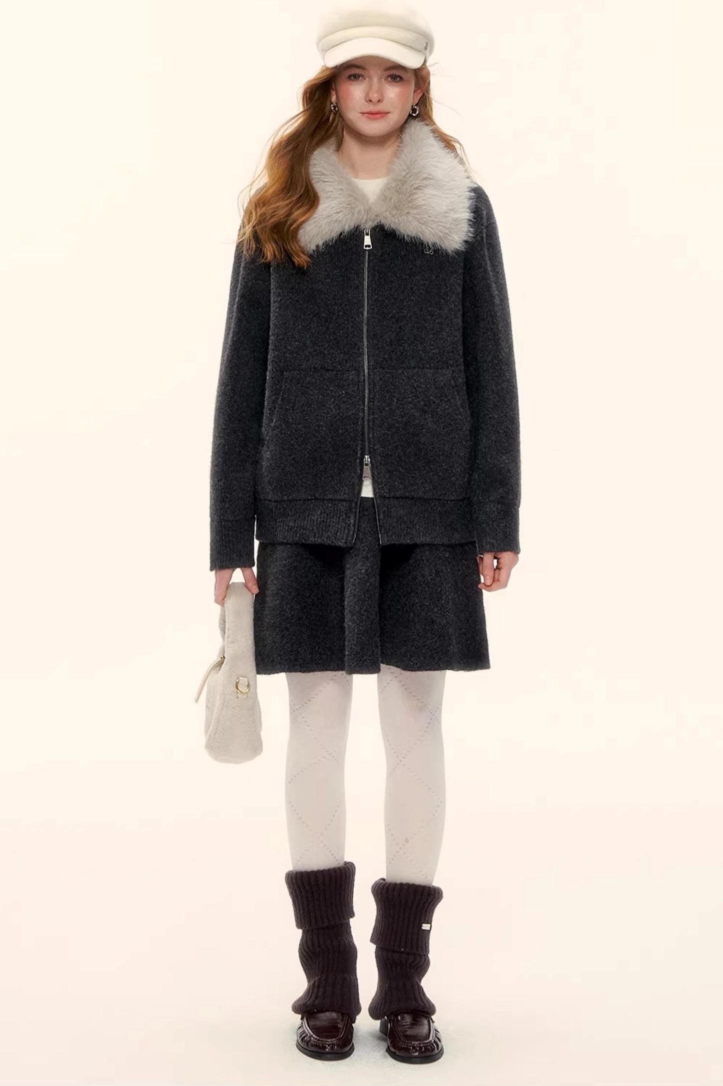 Wool Blend Lapel Fur Collar Coat Set-Up