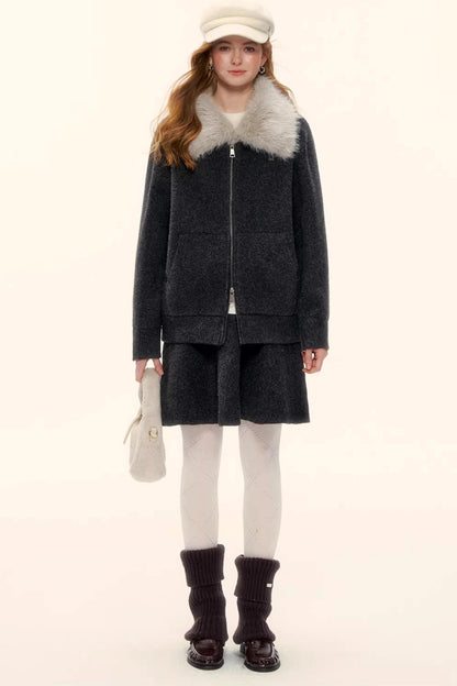 Wool Blend Lapel Fur Collar Coat Set-Up