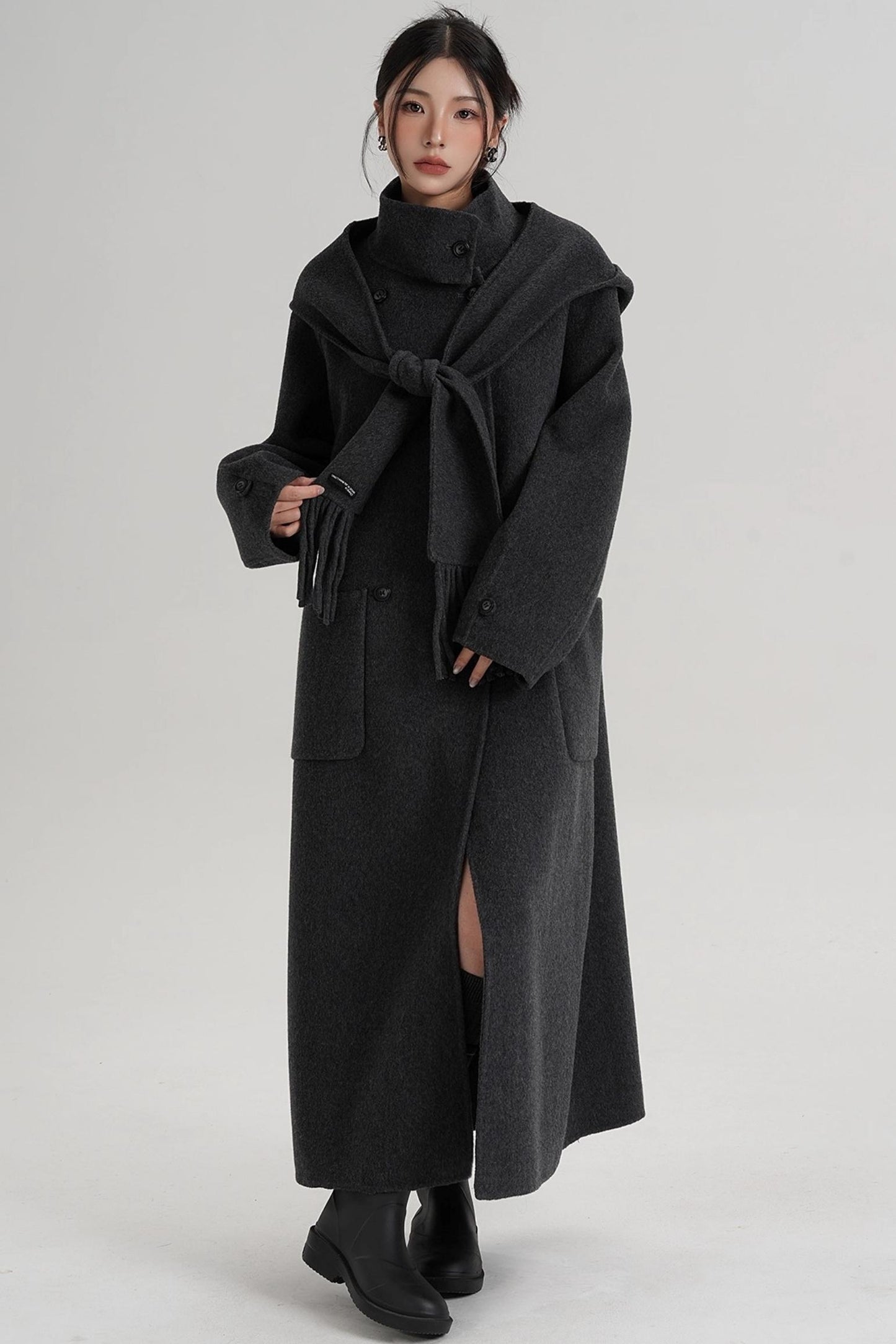 Temperament Hooded Scarf Wool Coat
