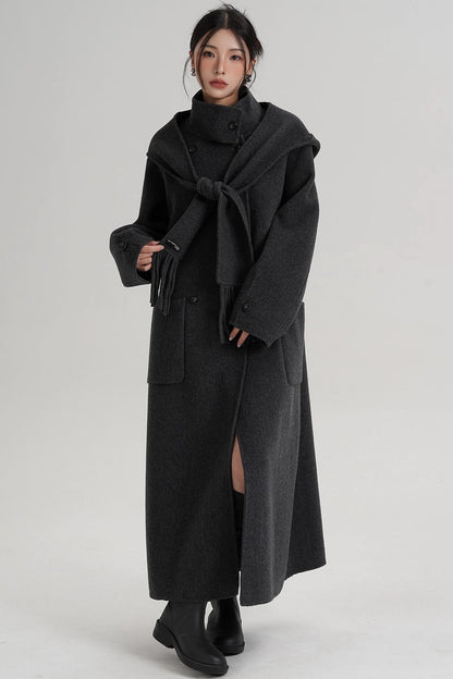 Temperament Hooded Scarf Wool Coat