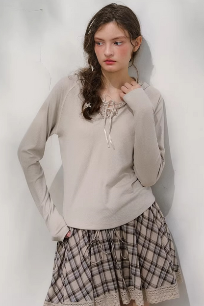 Plaid Lace Pleated Skirt