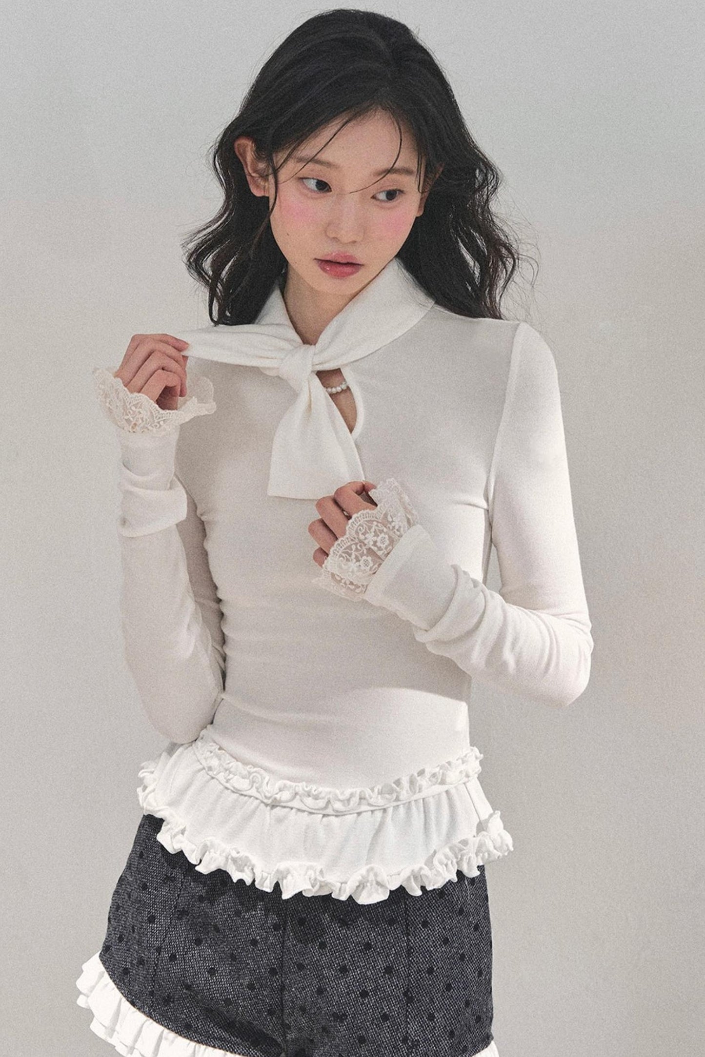Ruffled Lace Bow Top