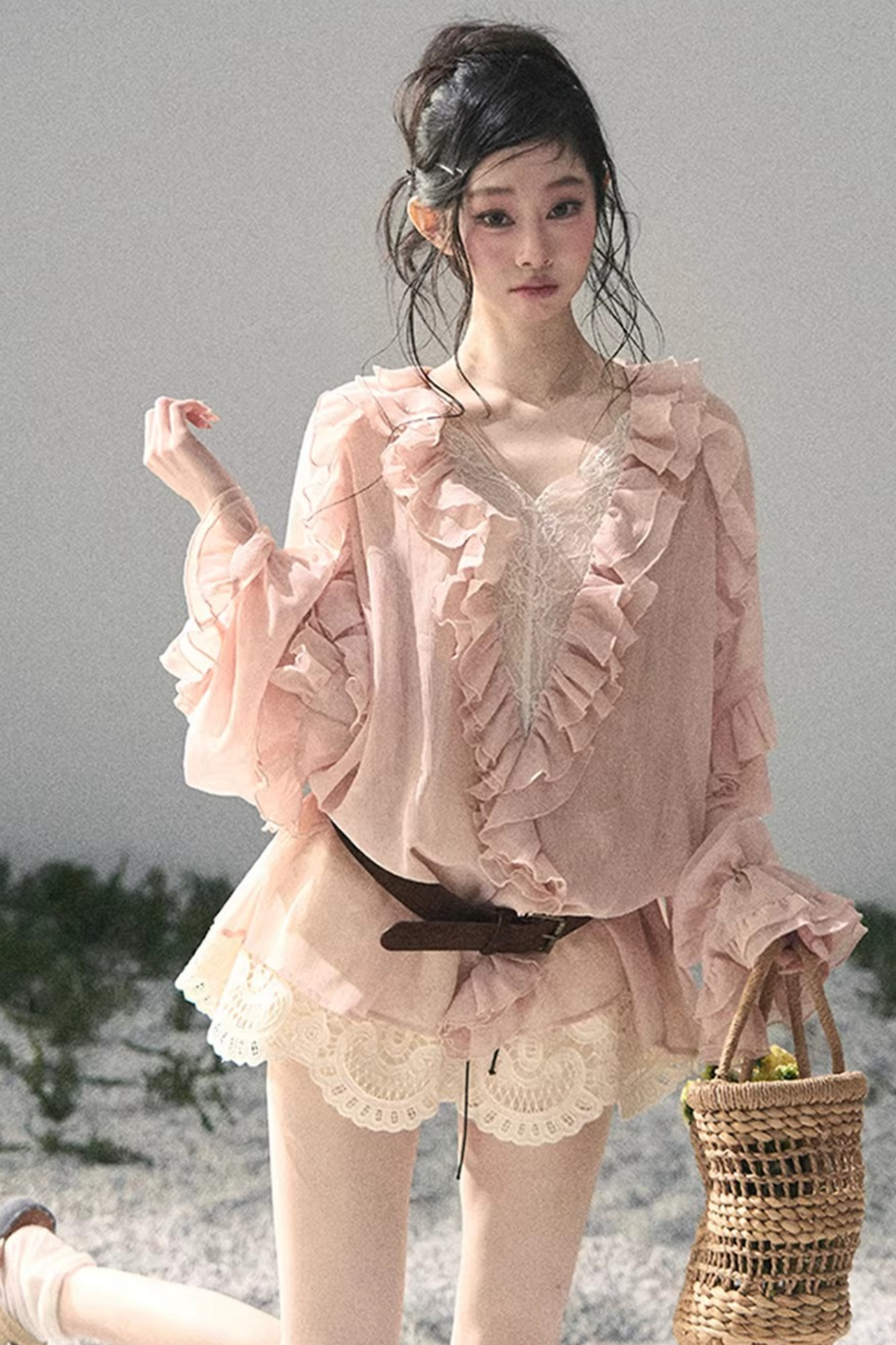 Ruffled Lace Chiffon Blouse