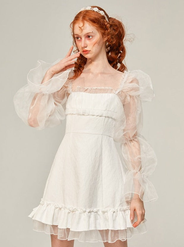 Long Sleeve Puffy White Dress