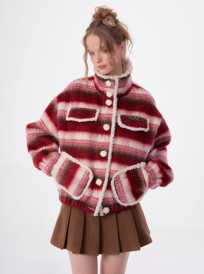 American lamb wool collar striped woolen coat