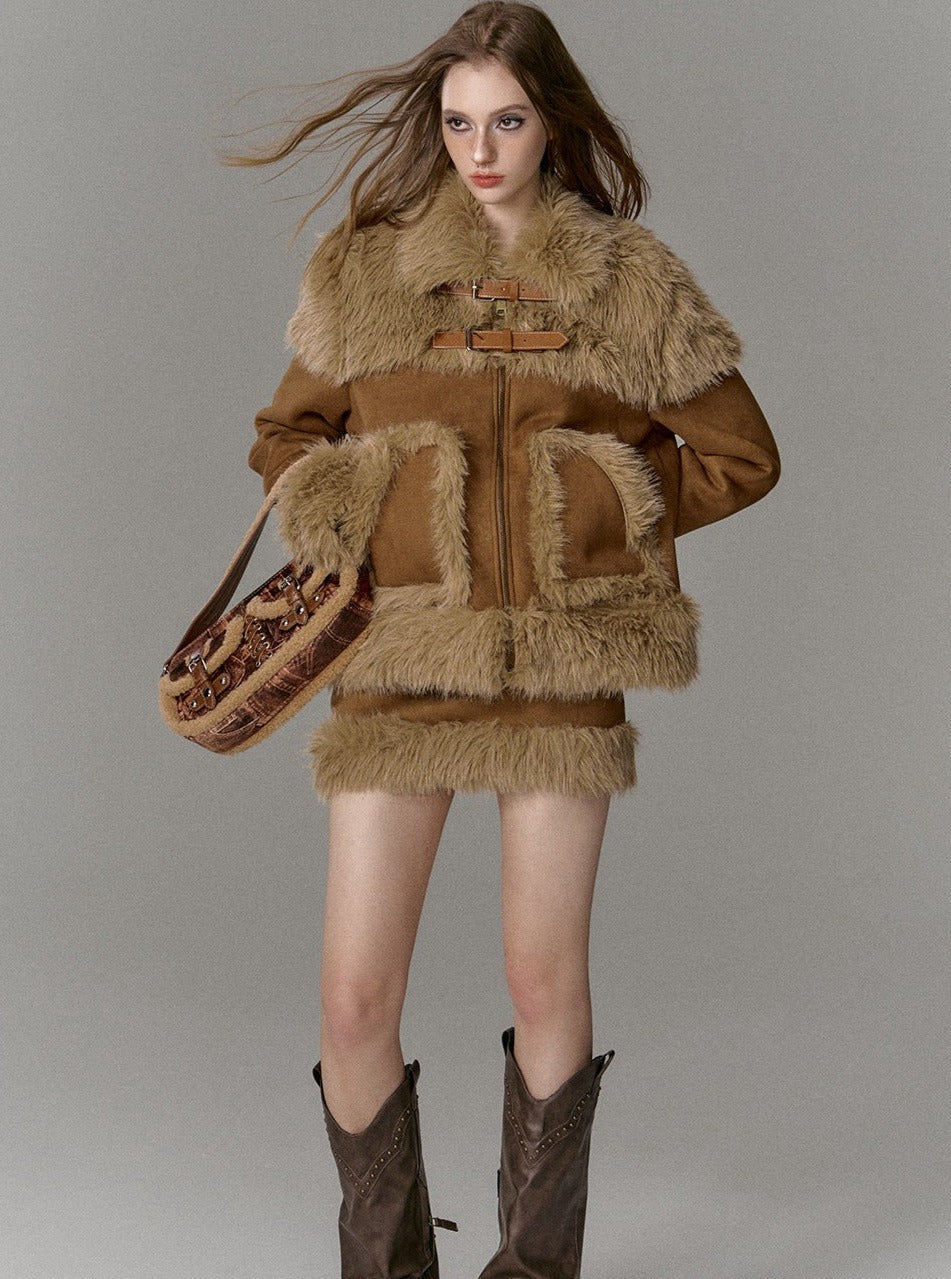 Suede fur skirt and jacket two-piece set