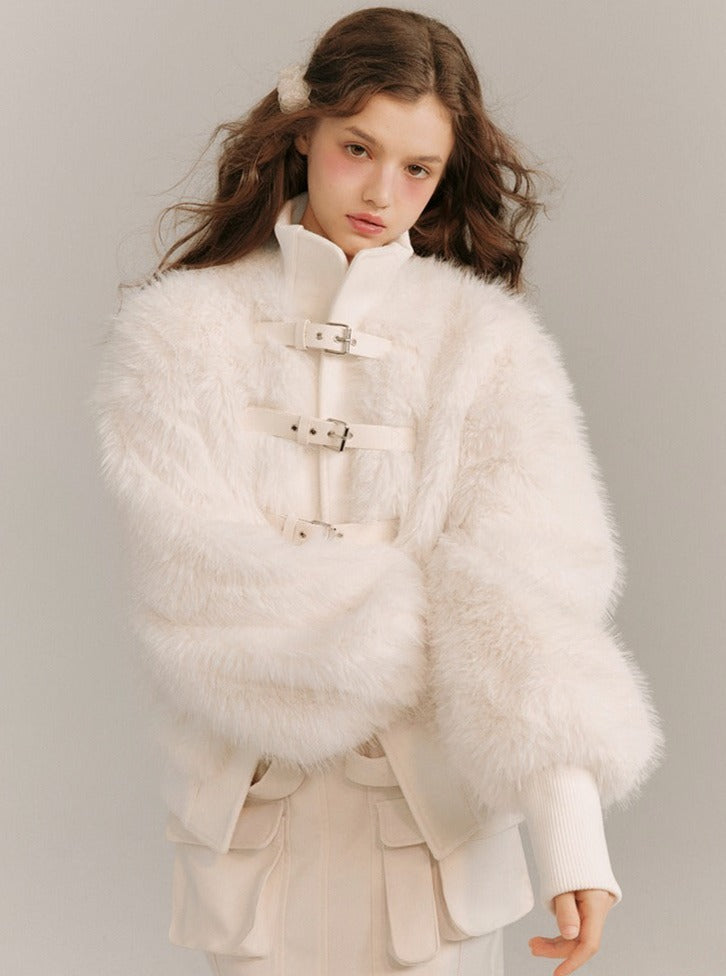 Leather Buckle Wrapping Loose Fur Jacket