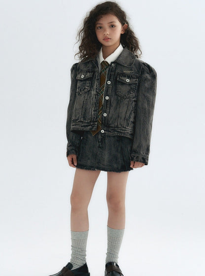 Puff Sleeve Short Denim Jacket Set