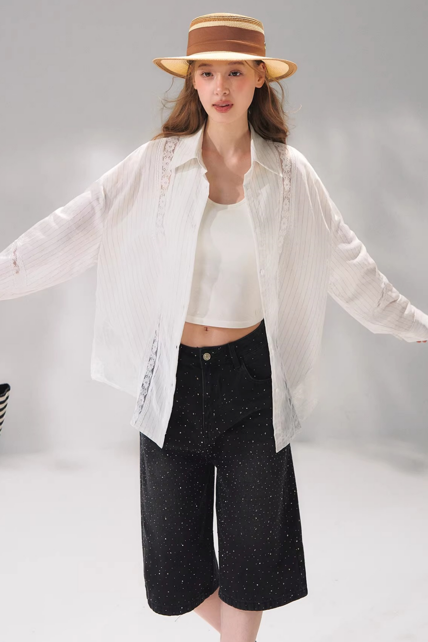 Rhinestone Denim Cropped Pants