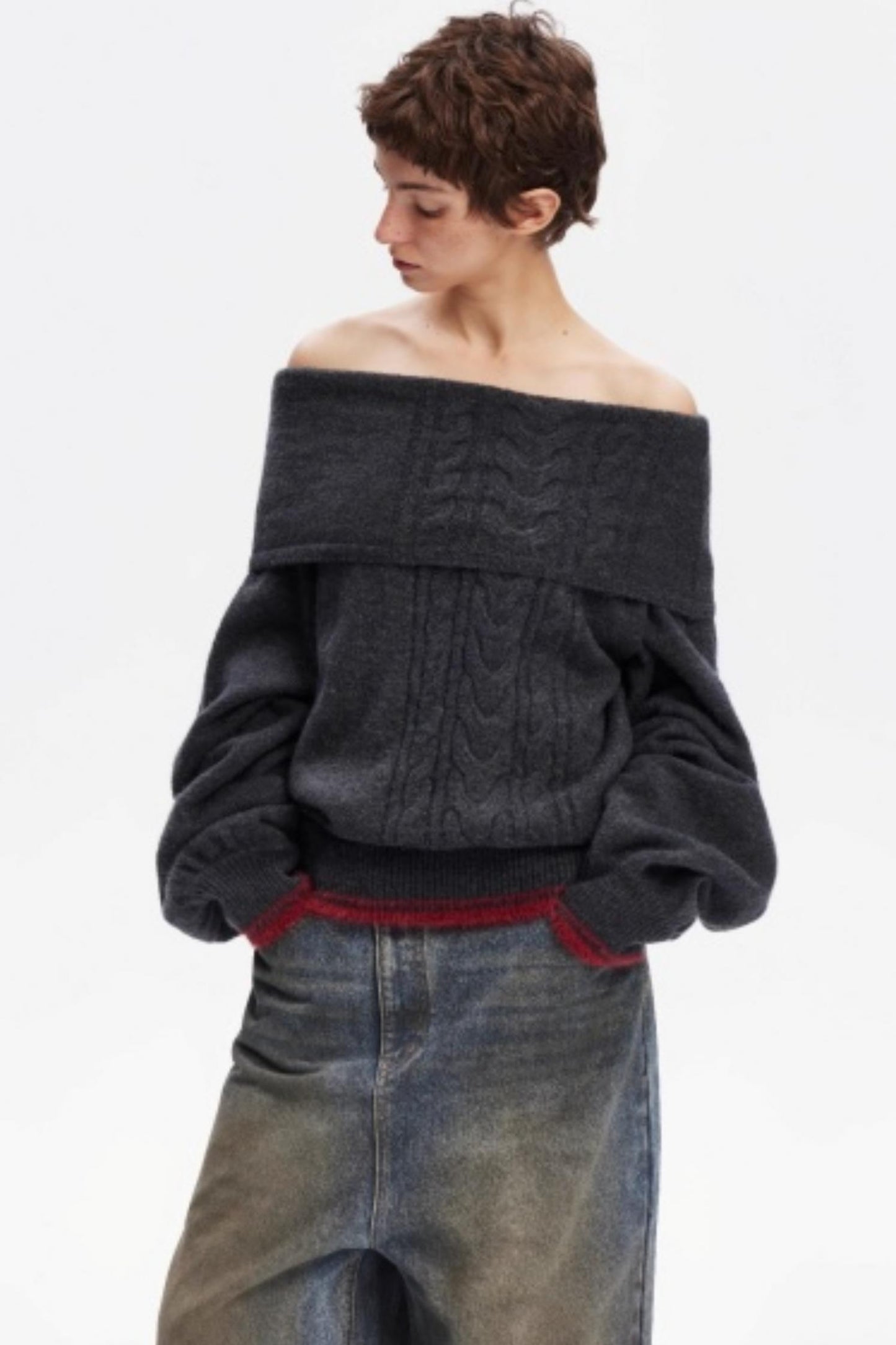 Off-Shoulder Color-Blocked Knit Sweater