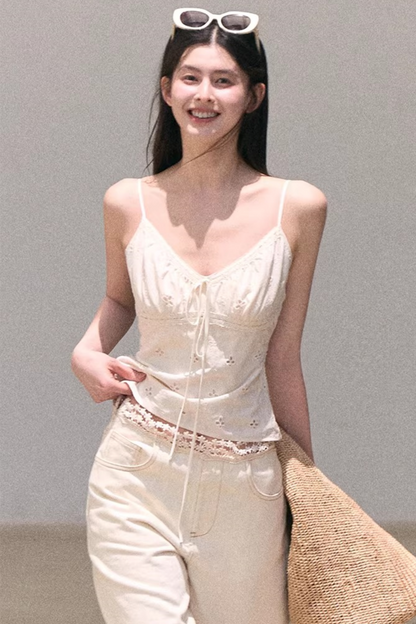 Washed Wide-Leg Lace Pants