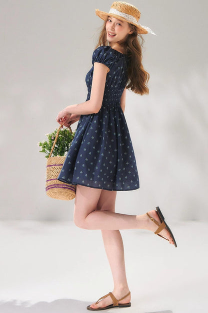 Abito floreale blu navy con lacci