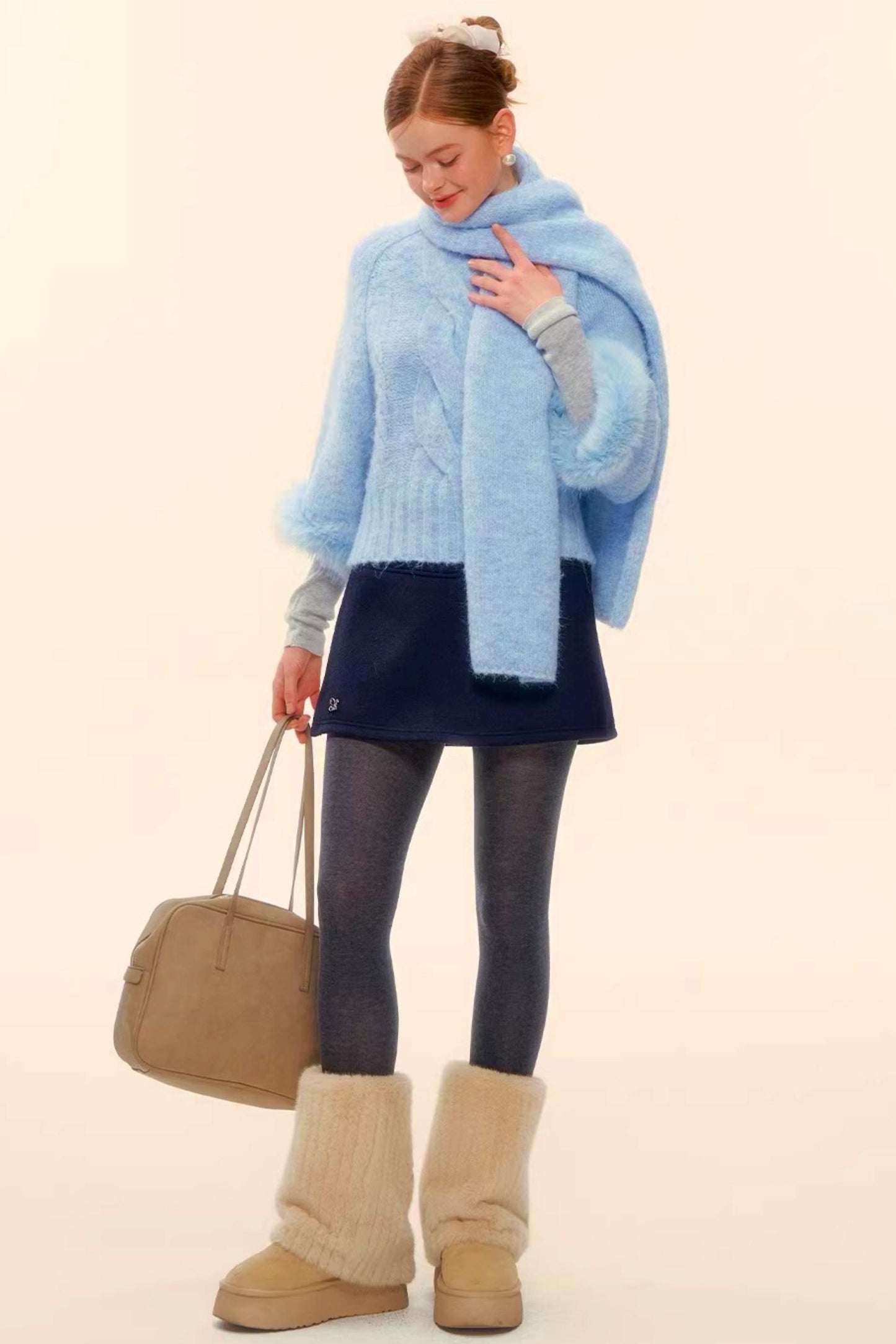 울 혼방 플러시 엣지 스웨터 스카프 세트