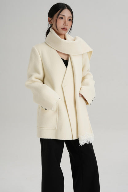 Scarf Patchwork Lace Woolen Coat