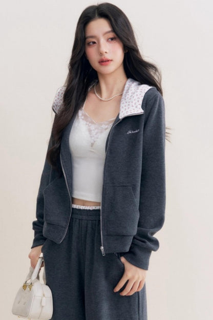 Rose Print Patchwork Hooded Jacket Set-Up