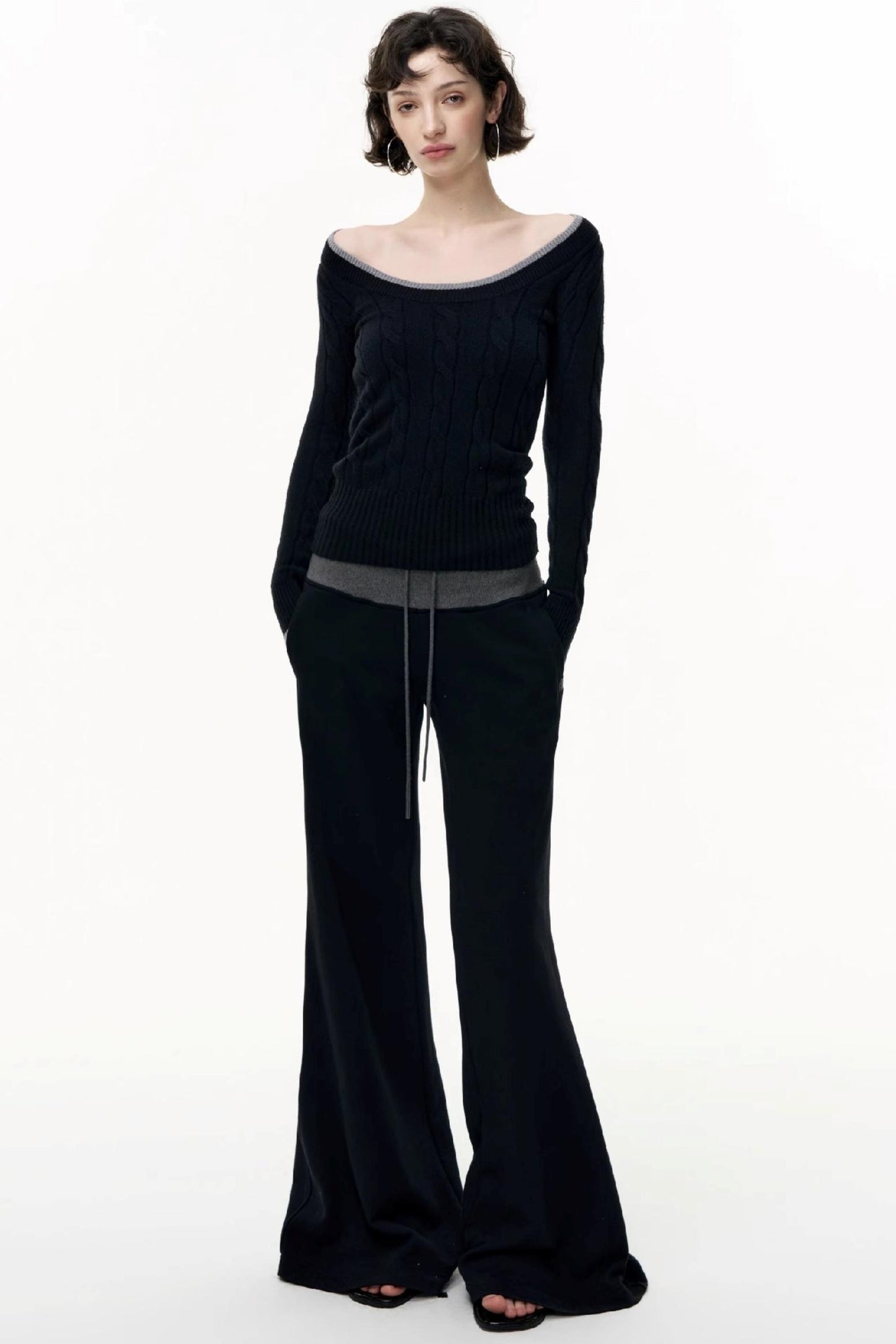 Drawstring Cotton Flared Sweatshirt Slacks