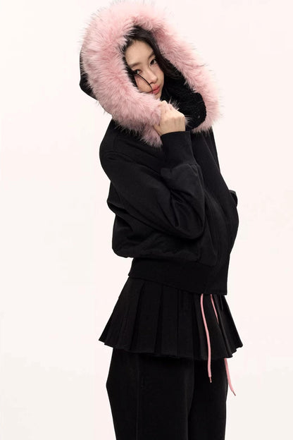 Burgundy Black Fur Collar Coat Set-Up