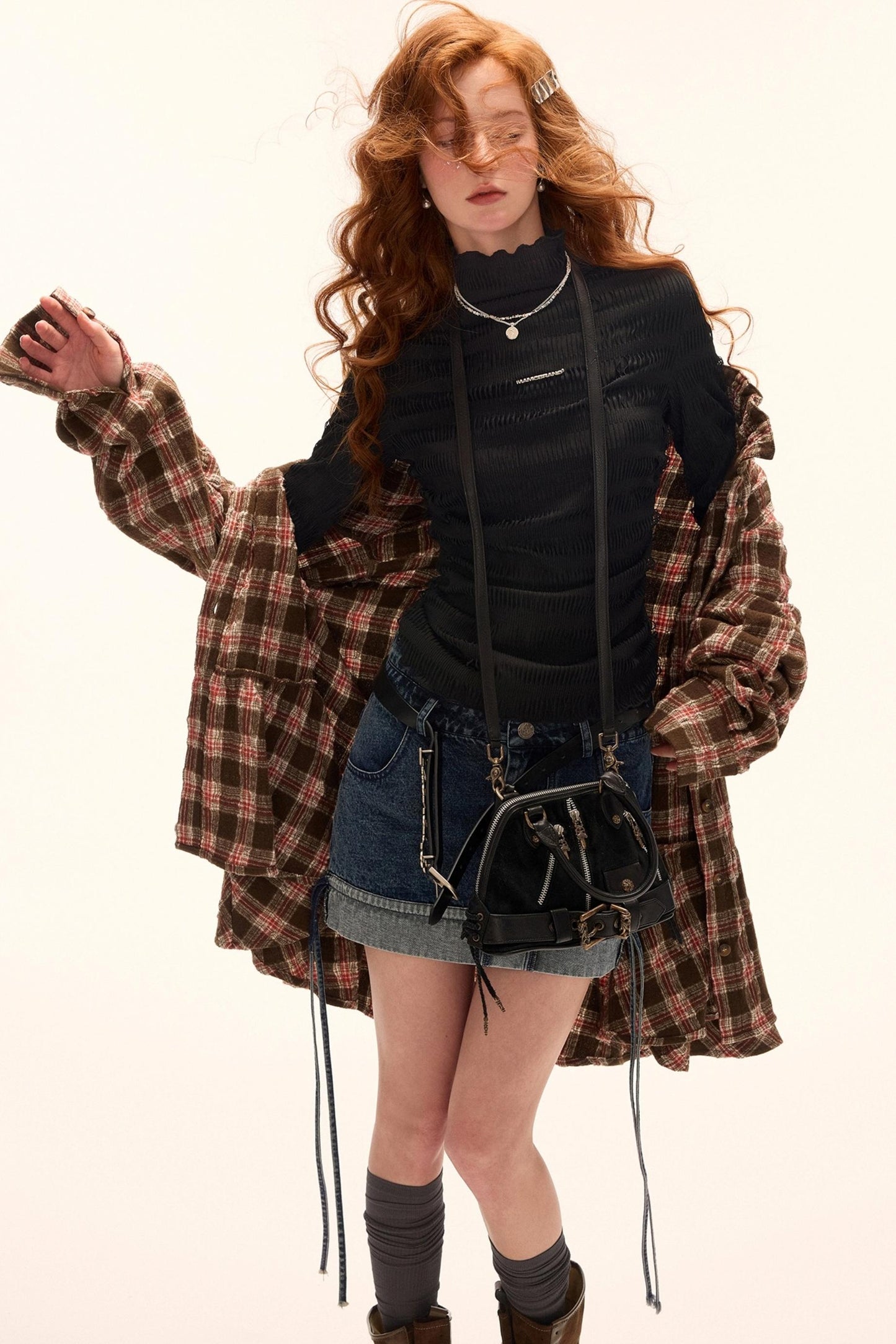 High-Neck Knitted Striped Slimming Shirt