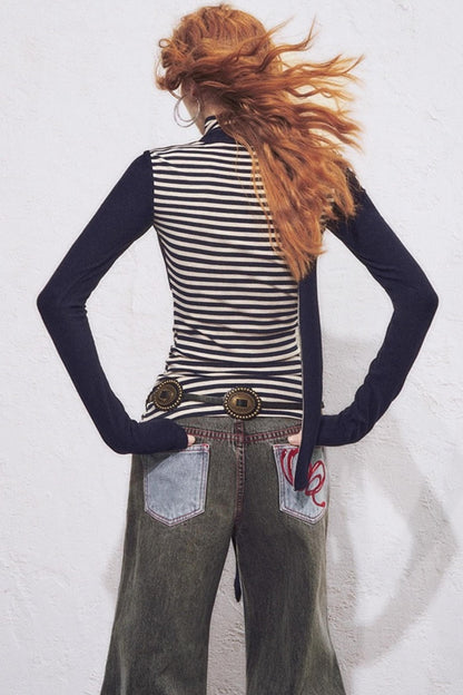 Fake Two Slimming Striped Knit Top