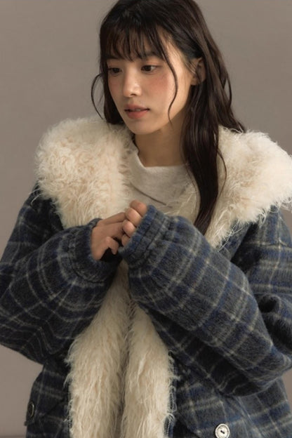 Elk Fur Collar Plaid Woolen Jacket