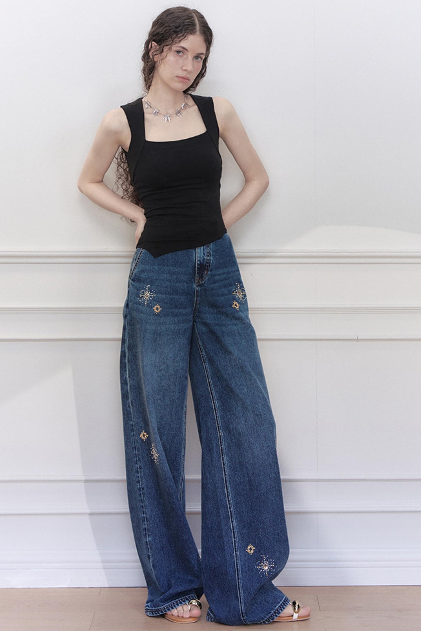 Blue Star Embroidered Wide-Leg Jeans