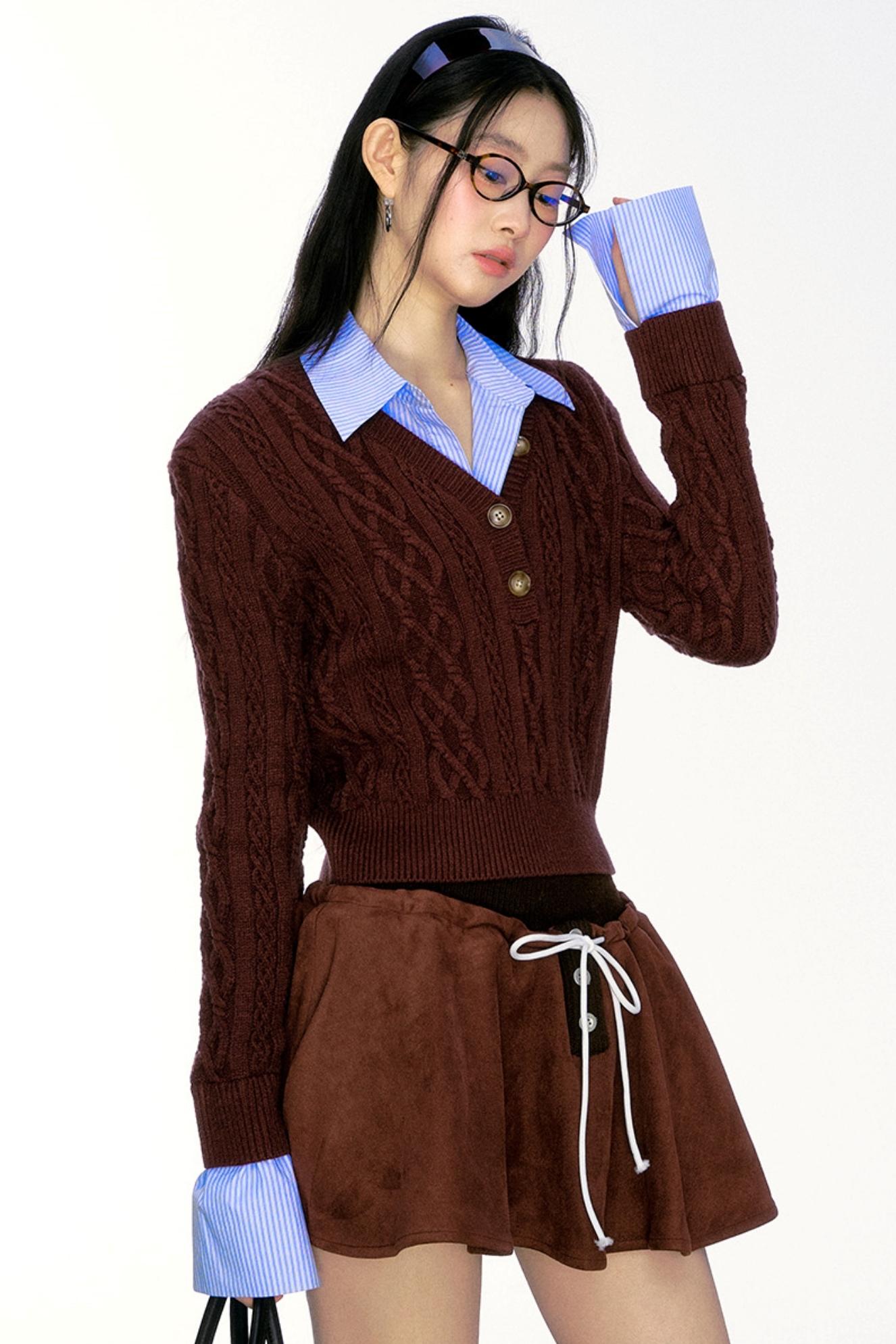 [Curriges 31 Oktober New Arrival] Winter New Spice Girl Retro V-Neck Shirt Spliced Twist Sweater