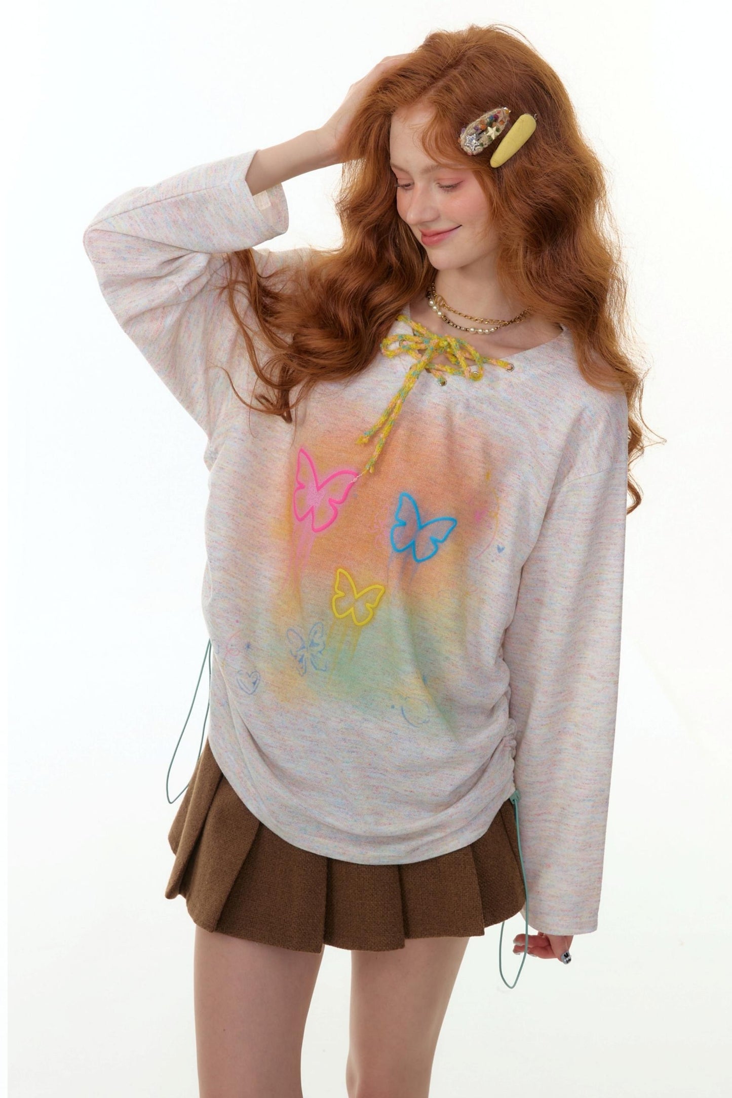 Flower Butterfly V-Neck Long Sleeve T-Shirt
