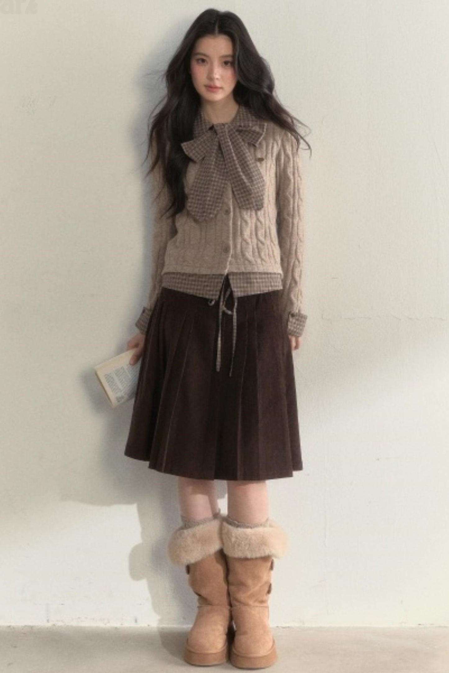 Retro Brown Corduroy Pleated Skirt