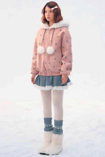 Pink Gray Polka Dot Hooded Jacket