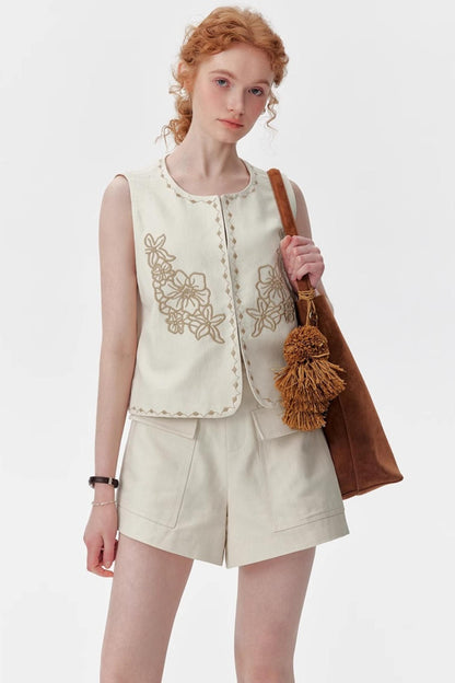 Silk-Linen Tailored Shorts Vest Set-Up