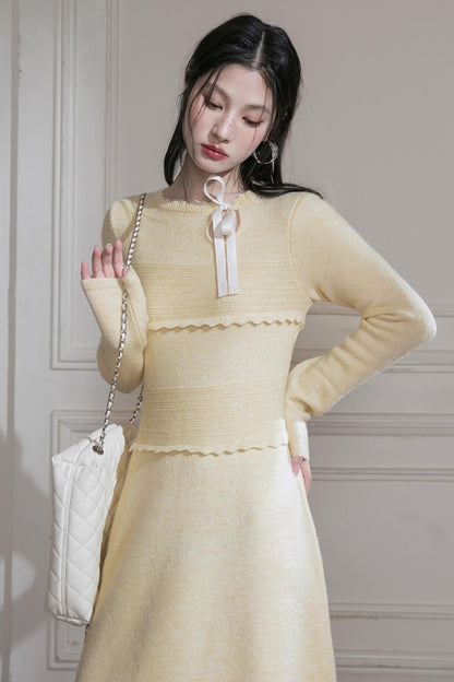 Cream Gray Lace Wool Dress