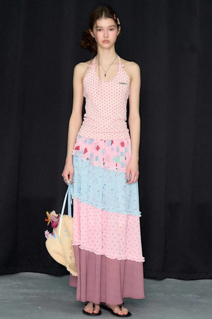 Rosa gepunktetes Neckholder-Tanktop