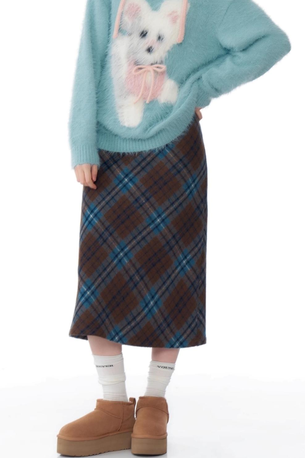 Blue Brown Retro Wool Skirt