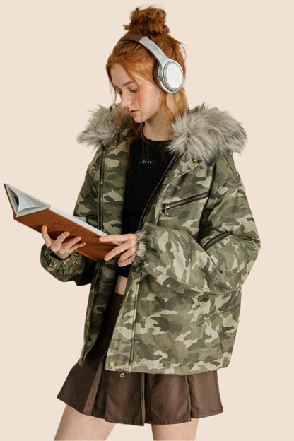 EZEK AMERICAN RETRO CAMOUFLAGE BIG FUR COLLAR HOODED COTTON JACKET COTTON CLOTHES WOMEN'S WINTER NEW LOOSE COTTON JACKET JACKET TIDE