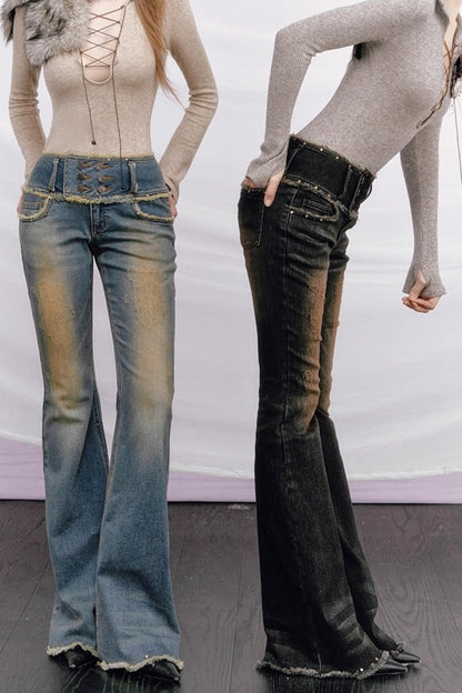 Vintage Distressed Denim Flared Pants