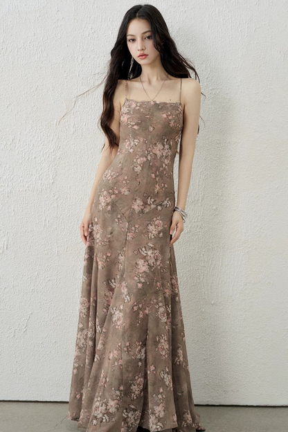 Chic Brown Floral Strap Dress