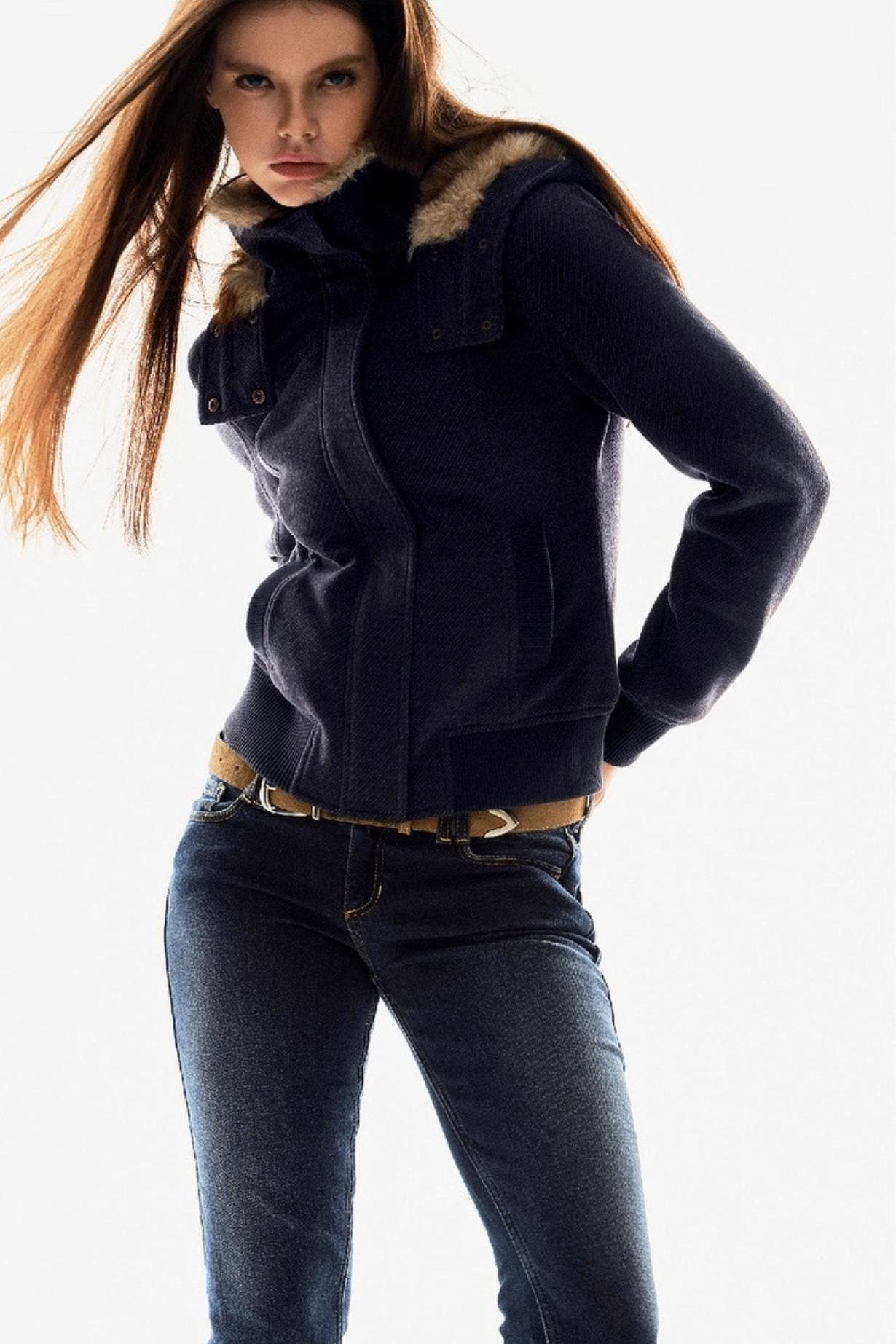 Fur Collar Textured Hooded Jacket