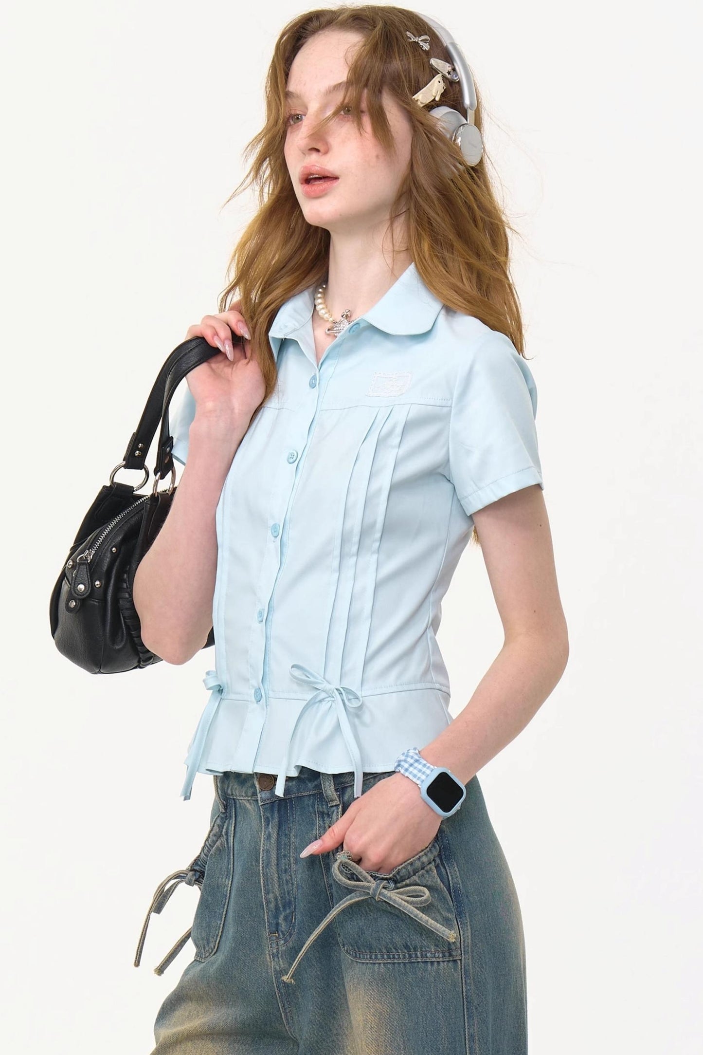 Retro Blue Bow Blouse
