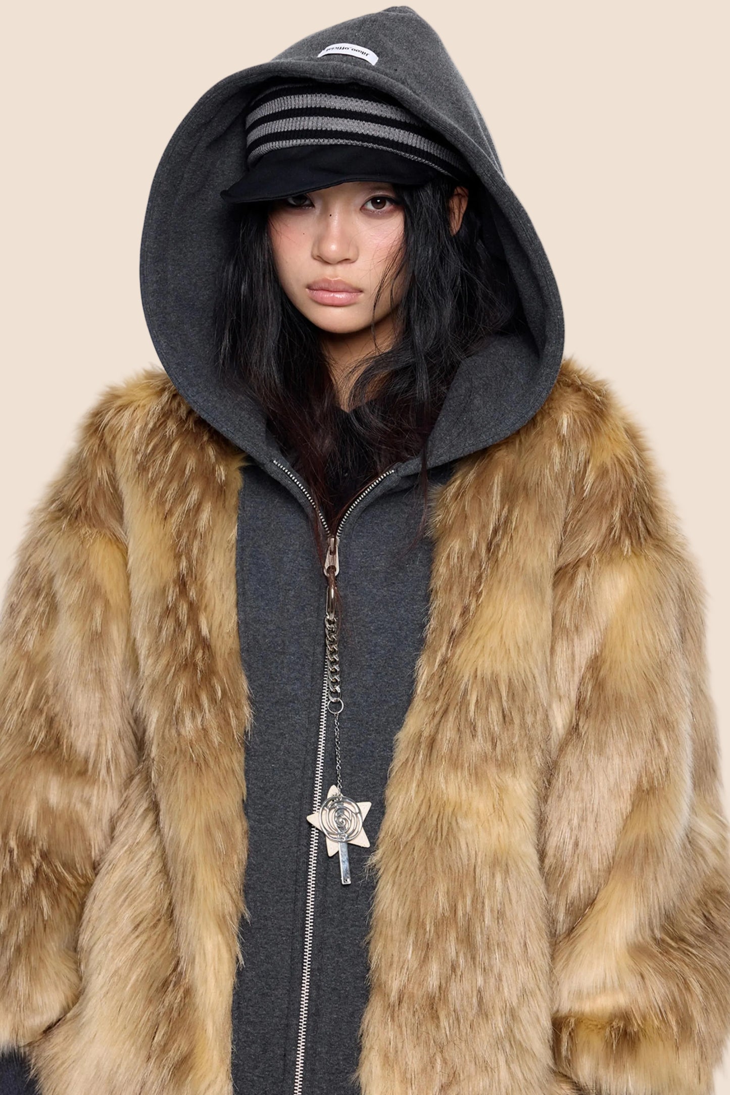 Fur Patchwork Hooded Cardigan