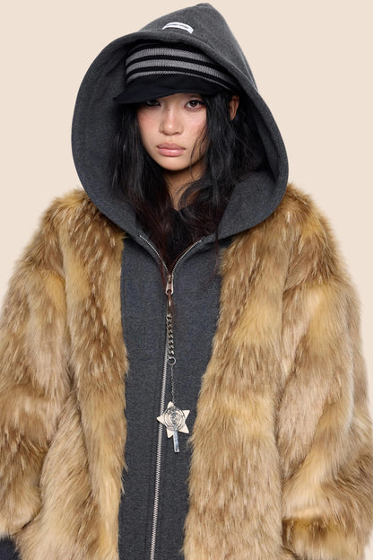 Fur Patchwork Hooded Cardigan