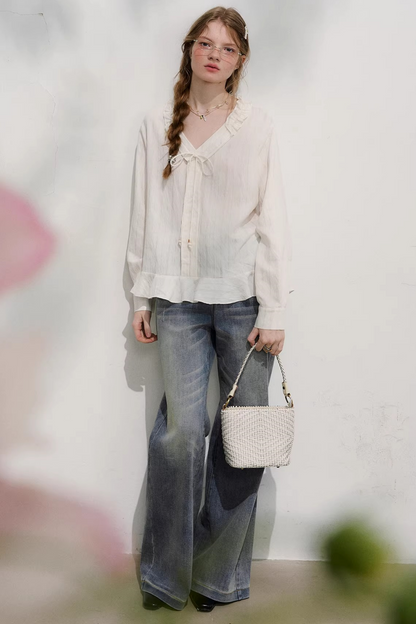 Striped Lace Sleeve Blouse