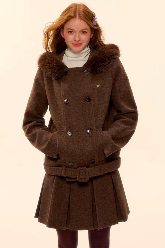 Retro Coffee Woolen Coat Skirt Set-Up