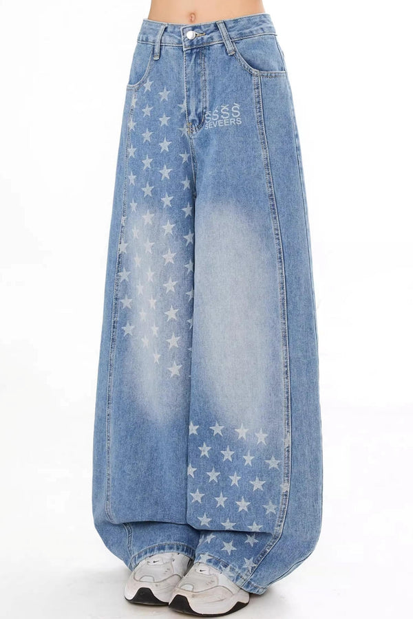 Retro Star Print Deconstructed Jeans